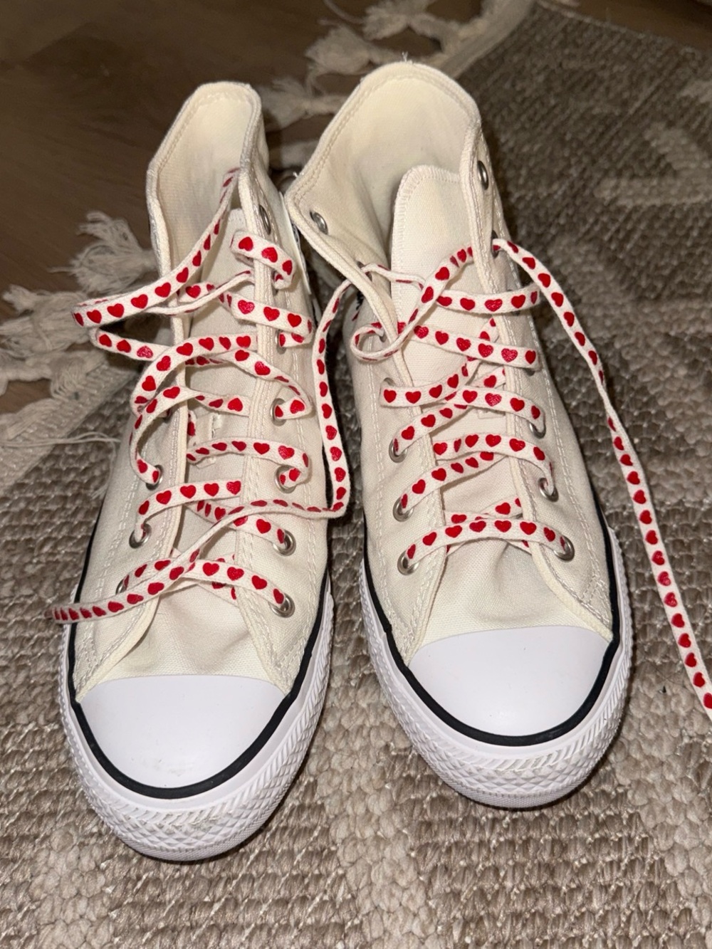 Converse High-Top Sneakers in Off-White with Red Heart Laces